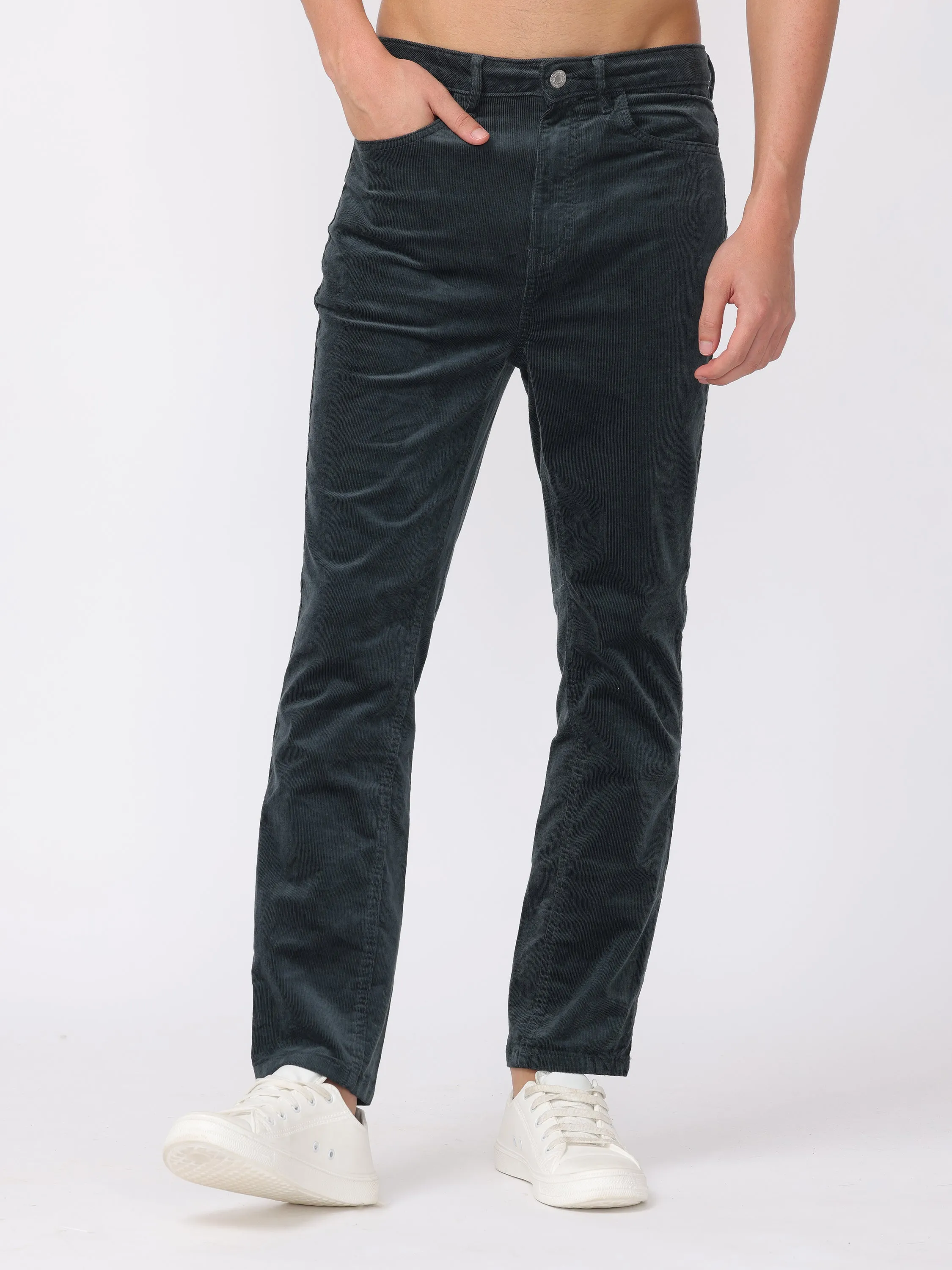 Men Dark Teal Regular Fit Corduroy Trousers