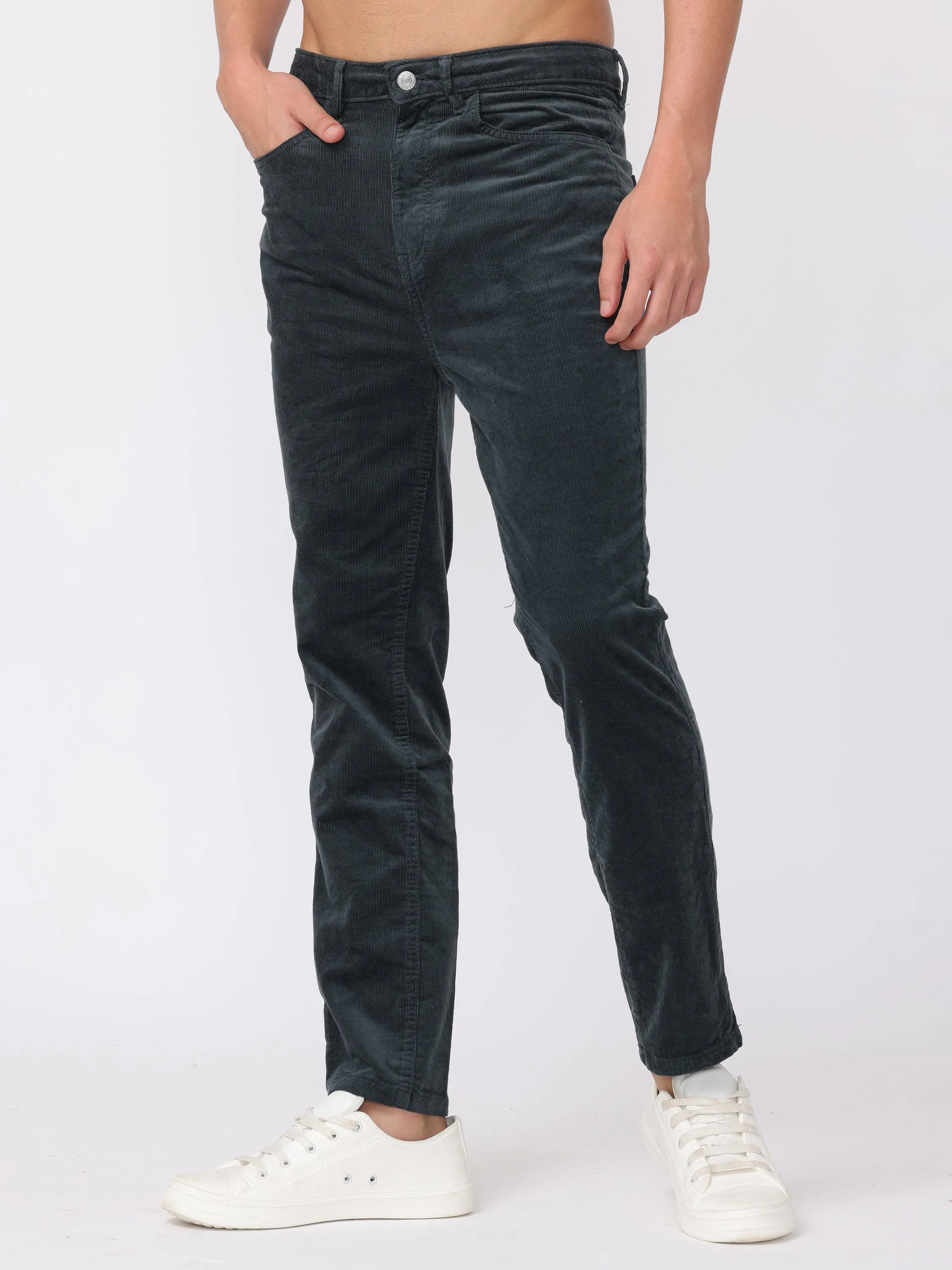 Men Dark Teal Regular Fit Corduroy Trousers