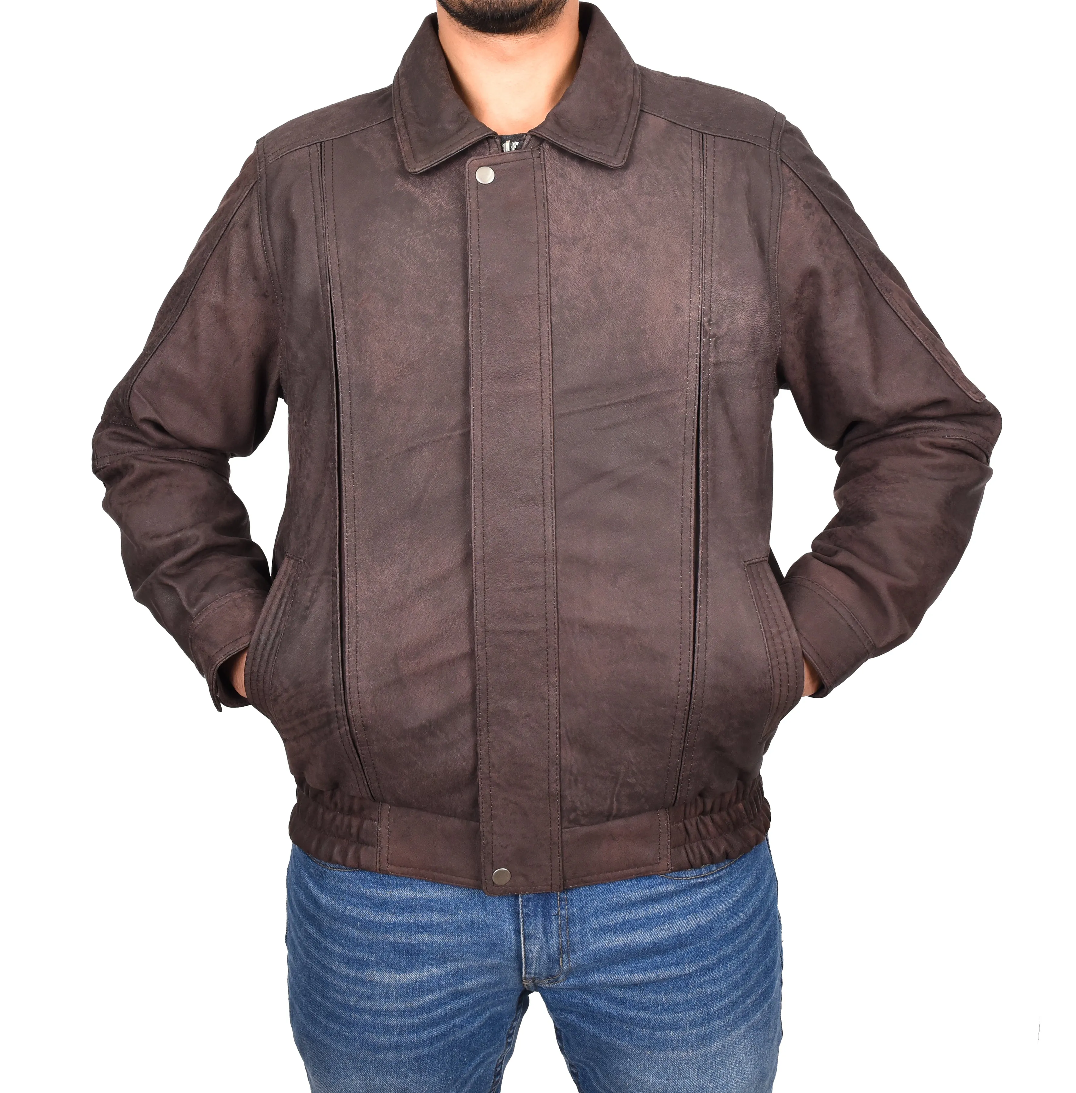 Men's Real Nubuck Leather Bomber Jacket Classic Blouson Brown Torger