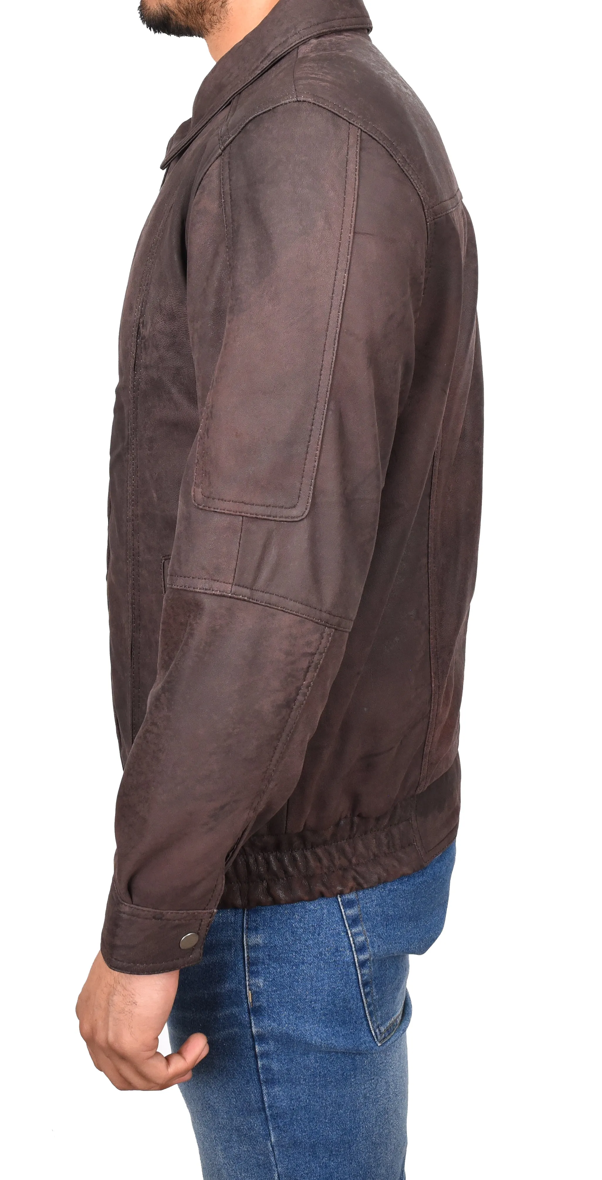 Men's Real Nubuck Leather Bomber Jacket Classic Blouson Brown Torger