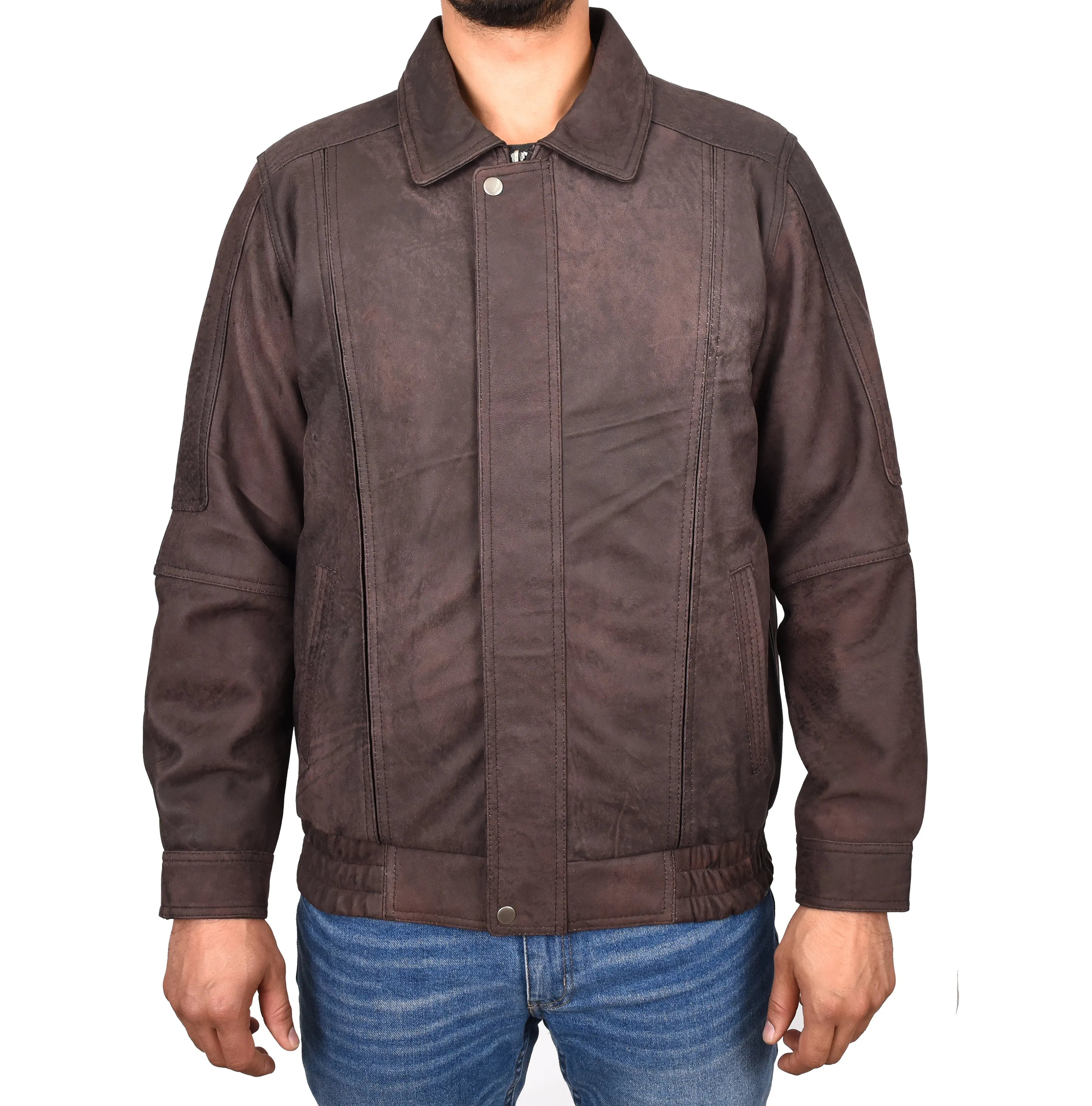 Men's Real Nubuck Leather Bomber Jacket Classic Blouson Brown Torger