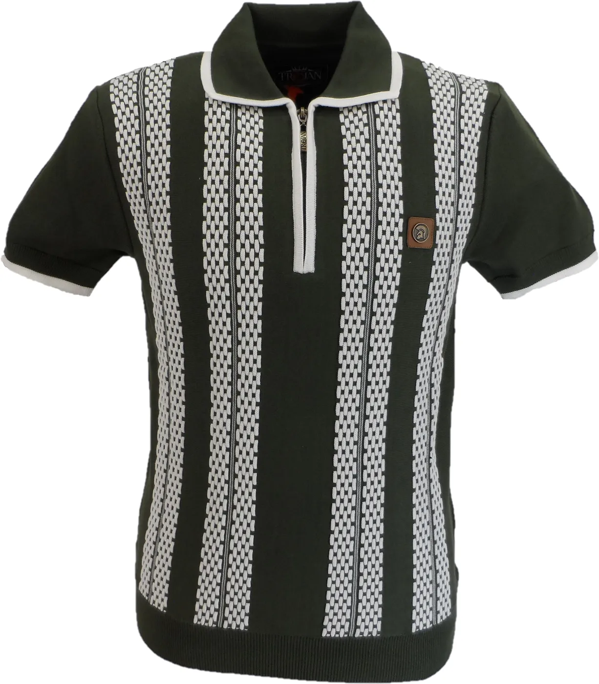 Trojan Mens Army Green Zip Stripe Fine Gauge Zipped Knitted Polo Shirt