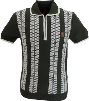 Trojan Mens Army Green Zip Stripe Fine Gauge Zipped Knitted Polo Shirt