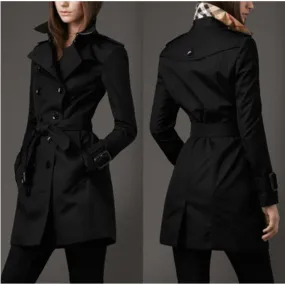 Womens Black Double Breasted Trench Coat Lightweight Rain Jacket