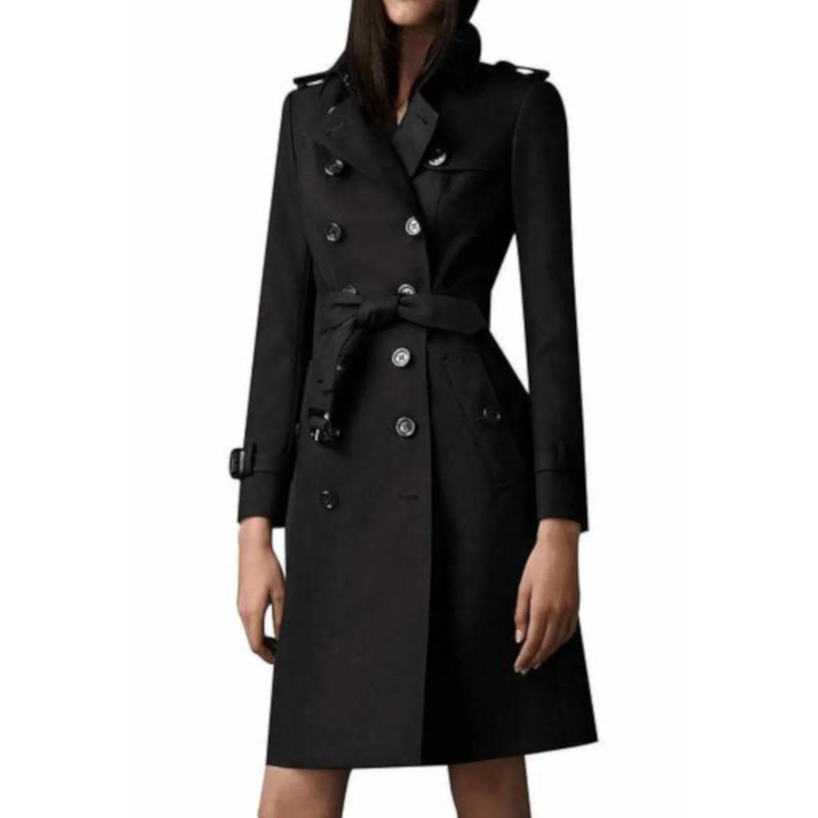 Womens Black Double Breasted Trench Coat Lightweight Rain Jacket
